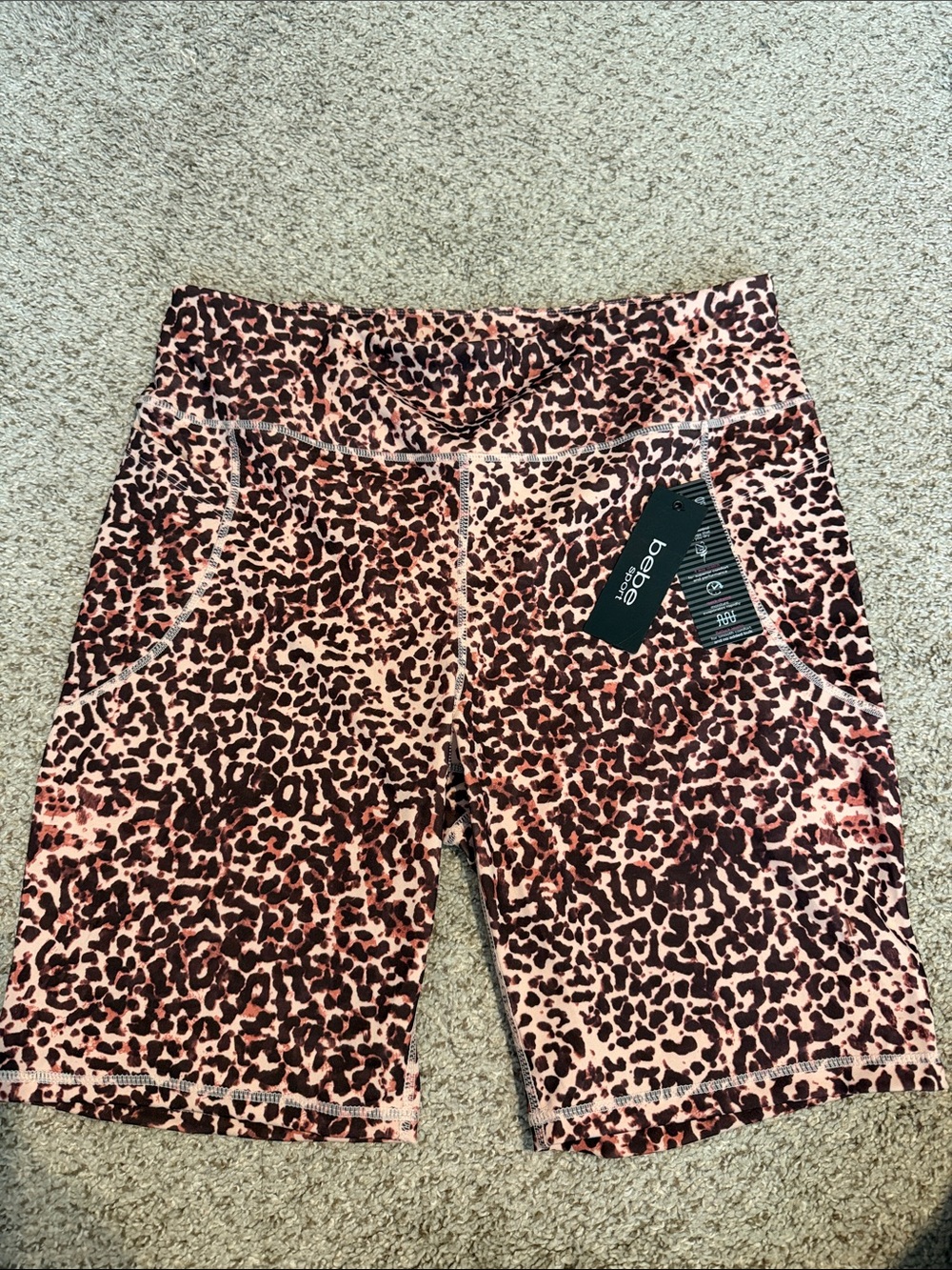 bebe  Leopard Print High-Waist Bike Shorts with Pockets, 2X NWT